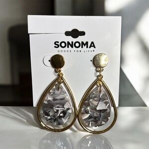 Gold with Black and White Design Teardrop Dangle Earrings